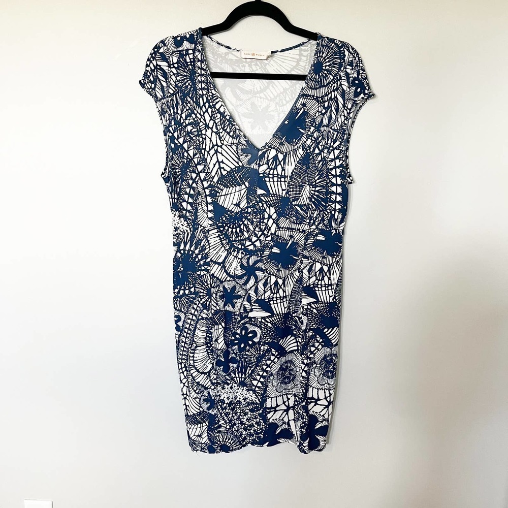 Tory Burch Blue Baltic Sea Dream Catcher Viscose V Neck Women's Cap Sleeve dress